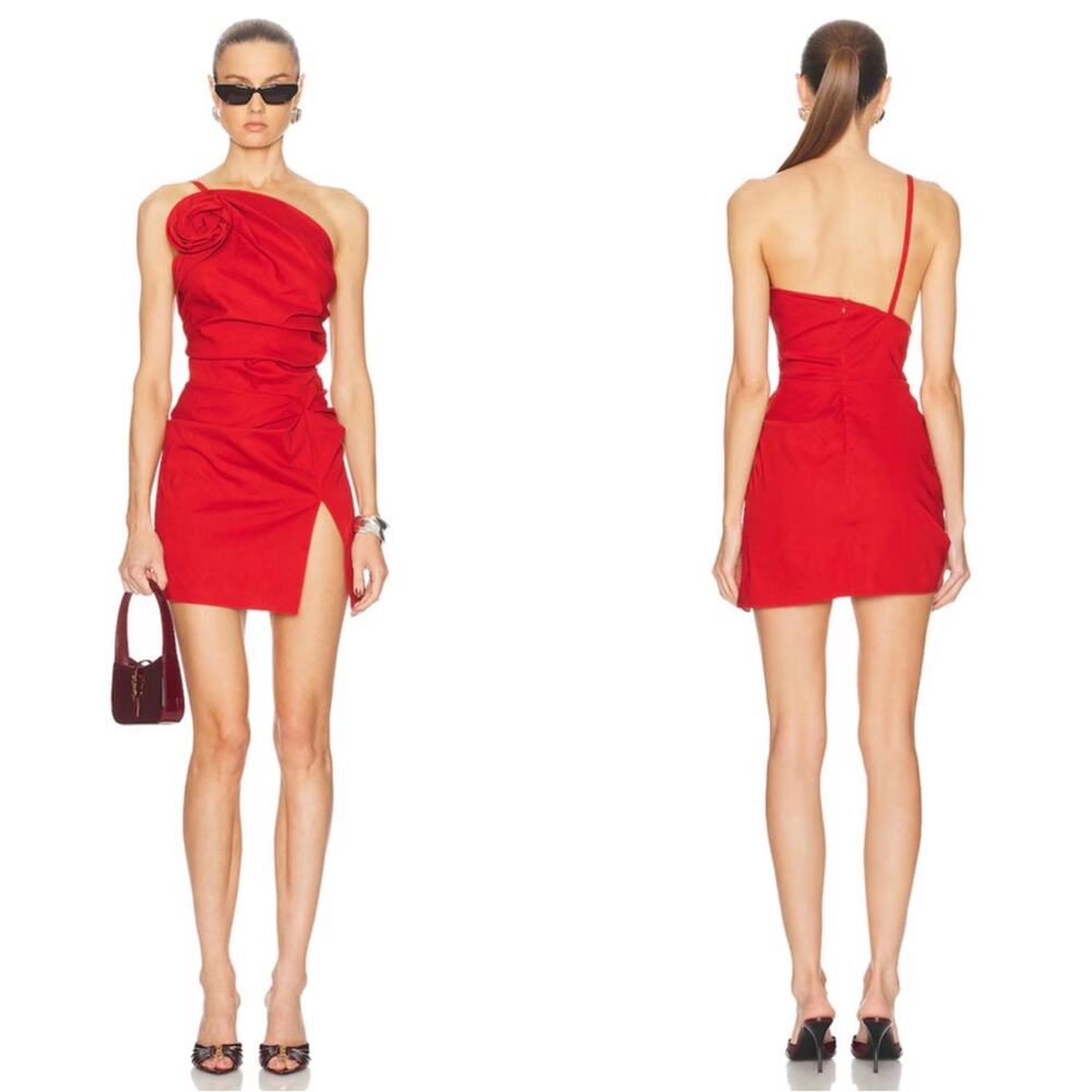 MAGDA BUTRYM One Shoulder Ruched Rosette Red Mini Dress Size 2